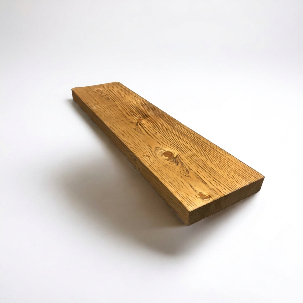 A photorealistic studio shot of the Entrepot La Grange solid wood shelf in honey, angled from the left on a pure white background with a natural shadow.