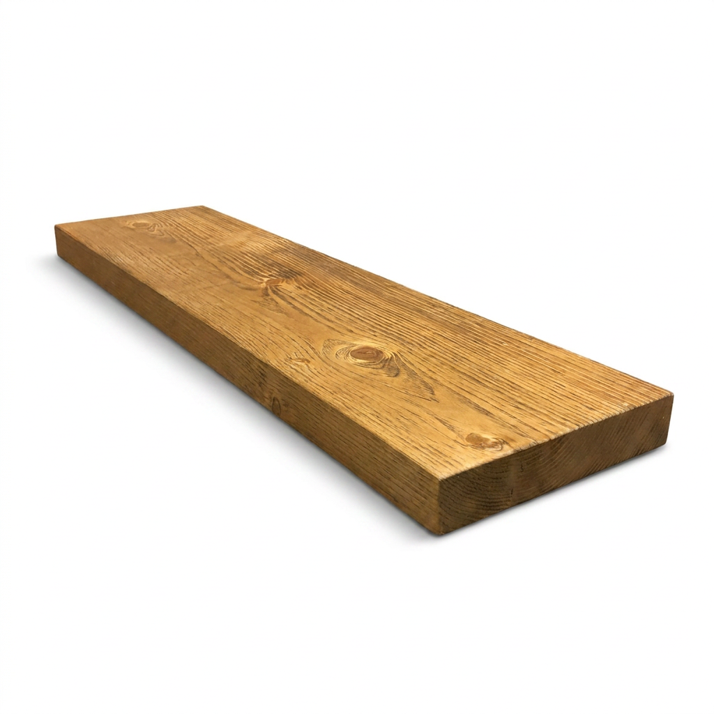 Solid wood shelf 48"L x 8"D x 2"T in honey finish, angled to show right side, resting on a white surface with a soft shadow.