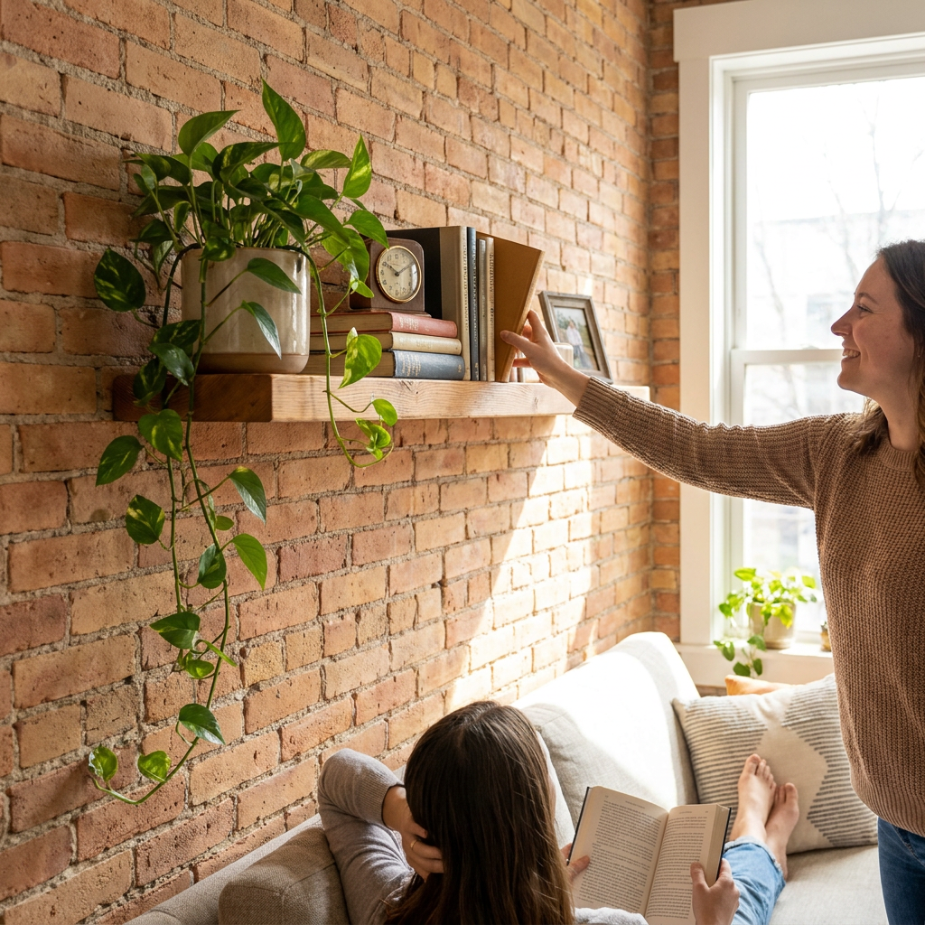 A woman places a book on the Entrepot La Grange solid wood shelf in a cozy, sunlit living room.