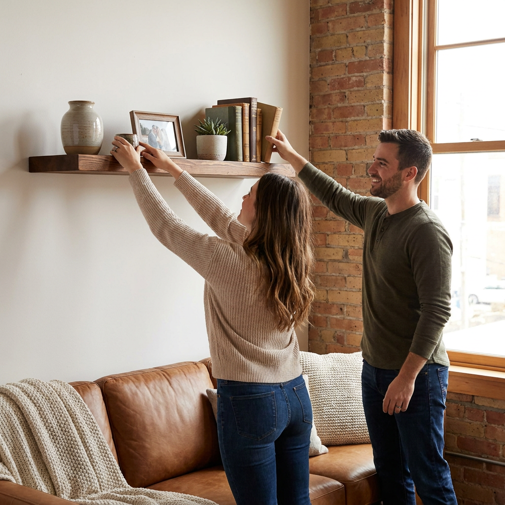A couple decorates a 48-inch solid wood floating shelf with books and plants in a sunlit living room.