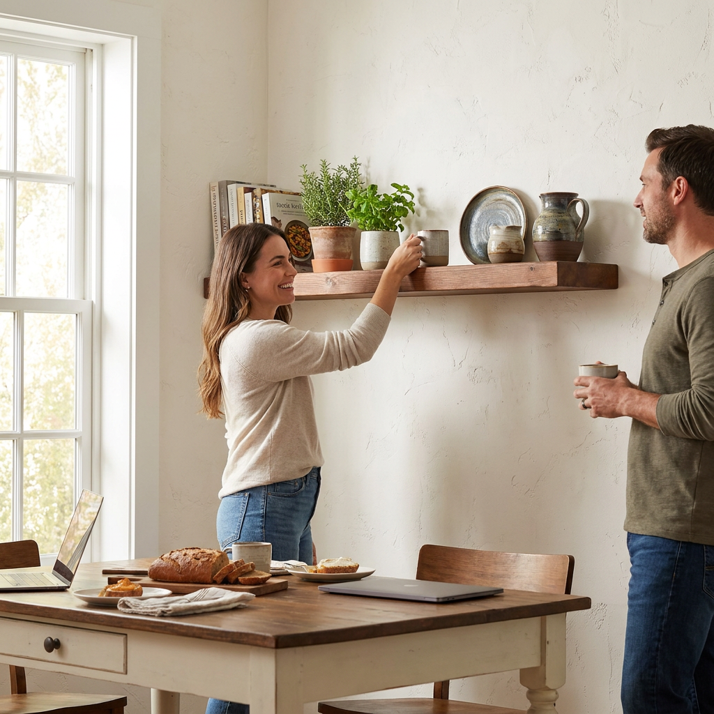 In a sunlit kitchen, a woman places a mug on the dark wood floating shelf from Entrepot La Grange inc, holding cookbooks and pottery, as a man smiles nearby. Think of this for the product page.