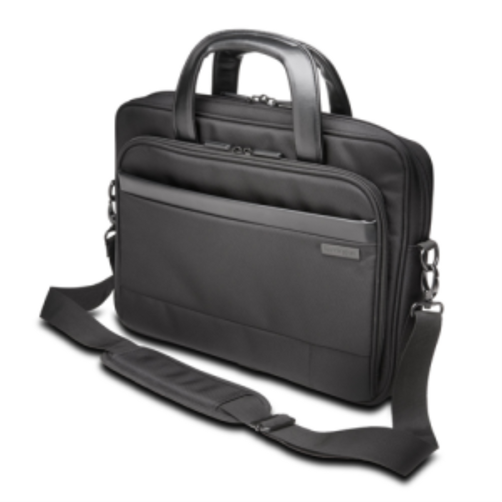 Black Kensington Contour 2.0 14-inch ergonomic laptop briefcase with top handles and shoulder strap.