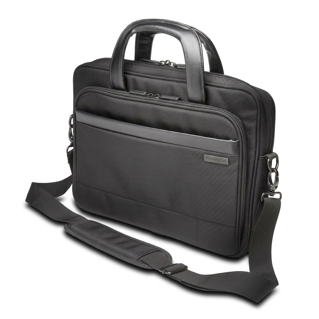 A photorealistic studio photograph of the black Kensington Contour 2.0 Laptop Case 14in, angled to show the left side, on a pure white background with a soft natural shadow.