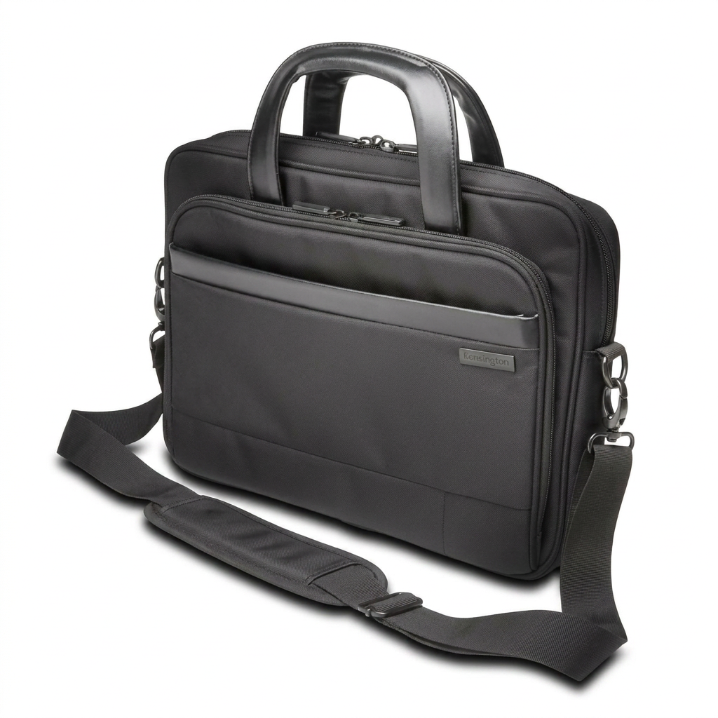 A photorealistic studio product shot of the black Kensington Contour 2.0 14in Laptop Case, angled to show the right side, centered on a pure white background with a soft natural shadow.