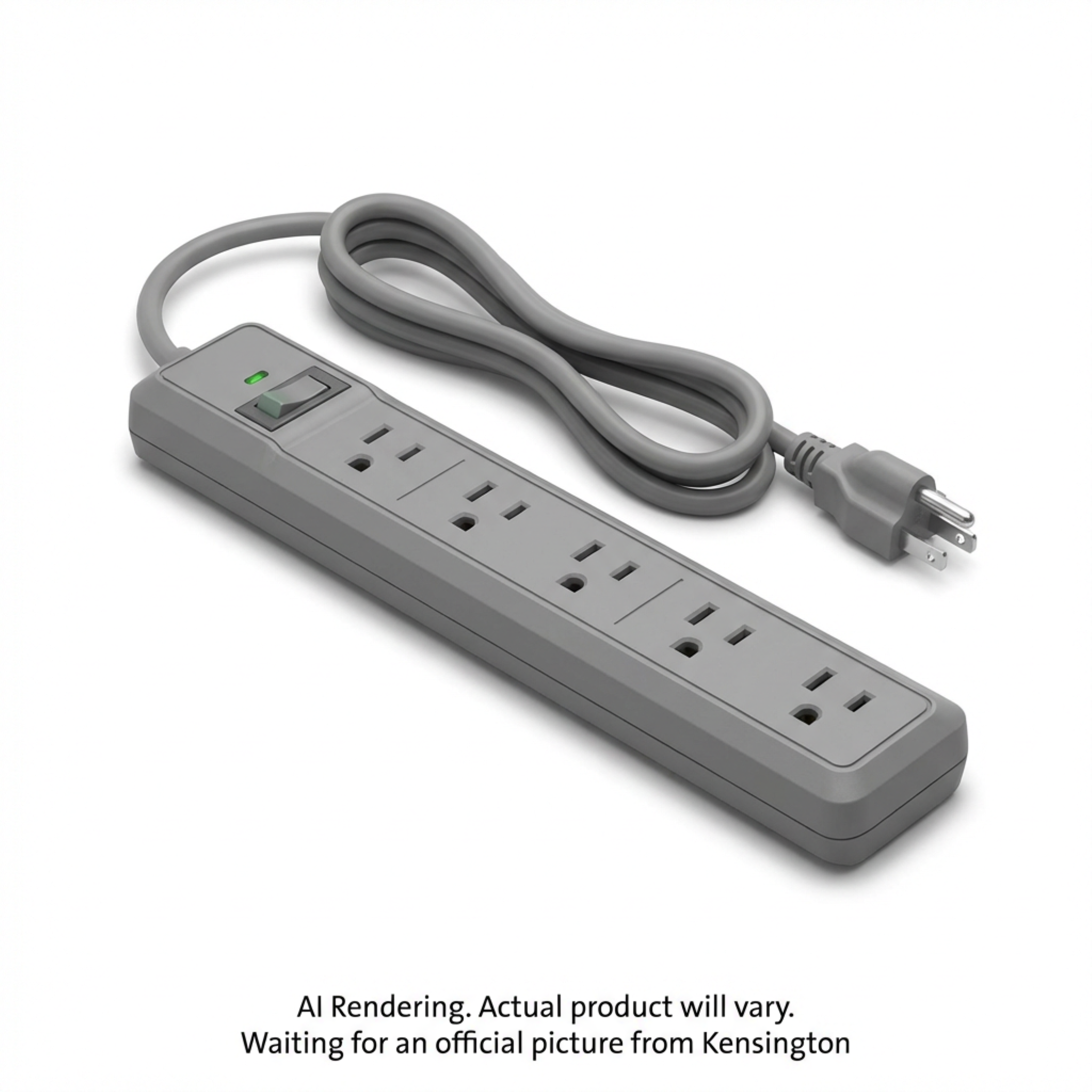 Grey Kensington 6-outlet surge protector with power switch and indicator light.