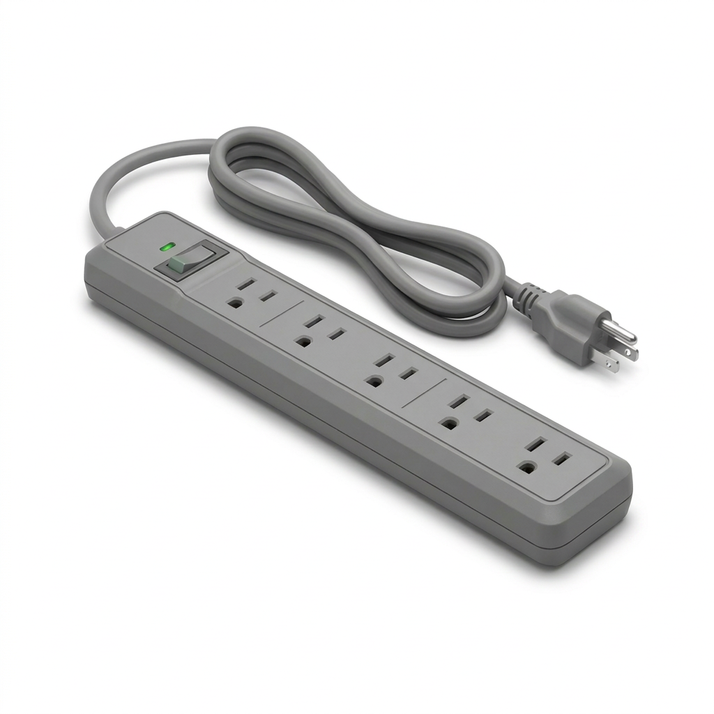 A studio product photo of the gray Kensington Guardian 6 Outlet Surge Protector, angled to show the left side with the power switch and LED, on a white background.