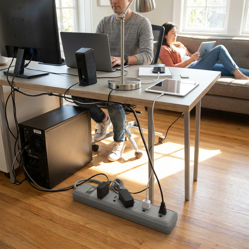 A photorealistic lifestyle image showing the Kensington Guardian 6 Outlet Surge Protector on a wooden floor in a sunlit home office, with several devices plugged into it. It powers a computer, monitor, lamp, and various chargers, suggesting it's a trusted and utilized component of a busy workstation.