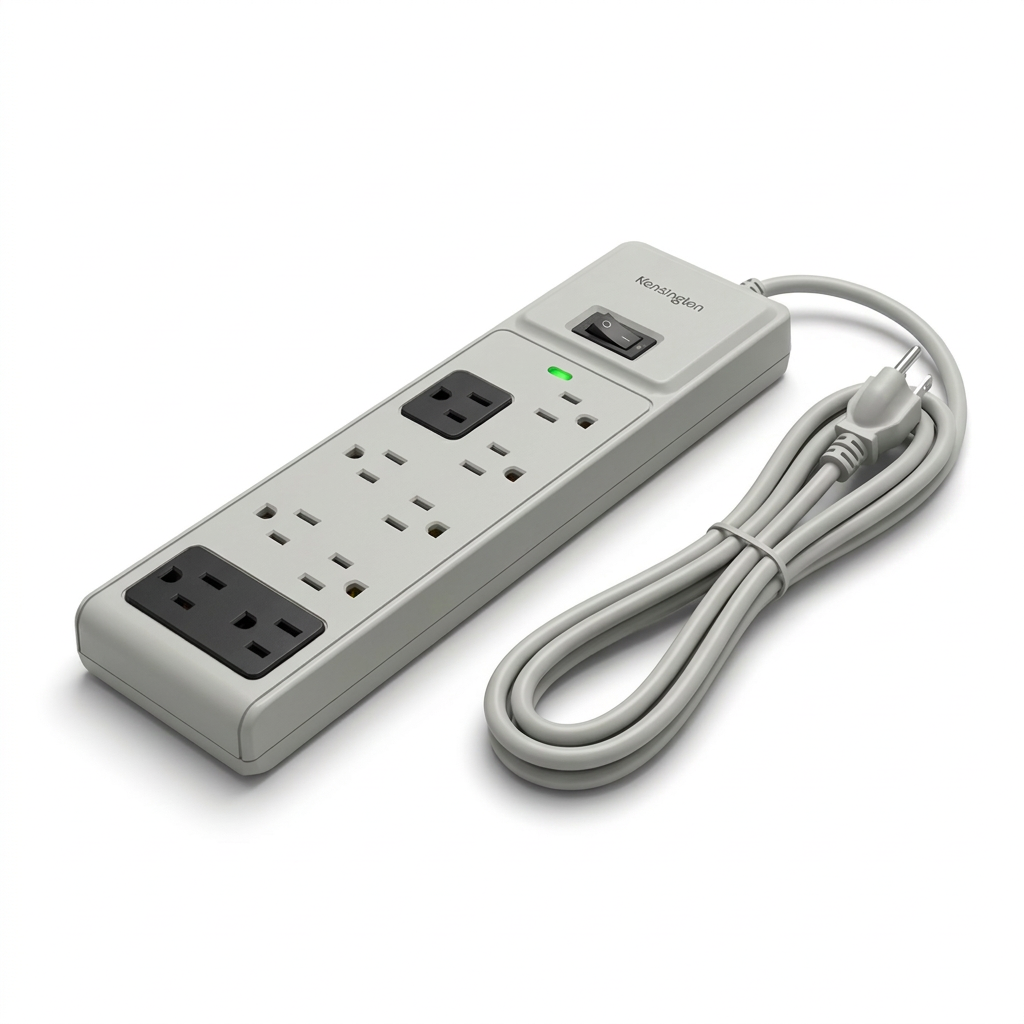 A studio photograph of the Kensington 7-outlet surge protector, angled left on a white background.
