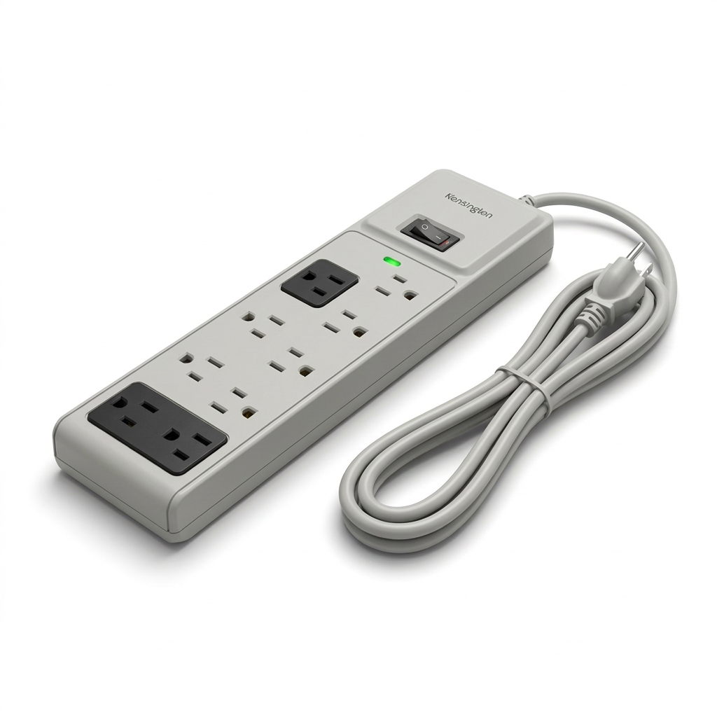 A photorealistic studio photograph of the Kensington F, Guardian 7 Outlet Surge Protector, showing its grey body, seven black outlets, switch, and power cord on a pure white background.