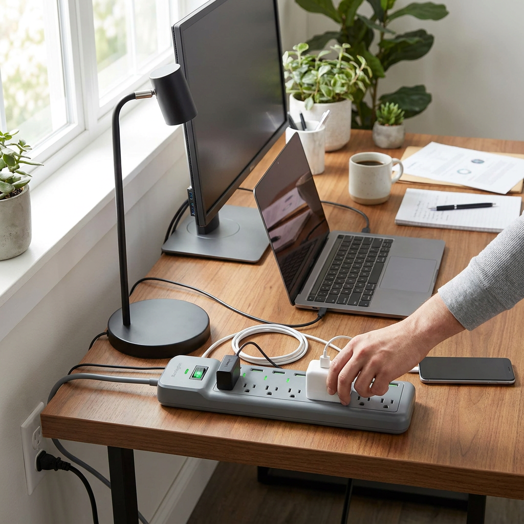 A person plugs a charger into the Kensington Guardian 7 Outlet Surge Protector on a wooden desk, powering a laptop, monitor, and lamp.