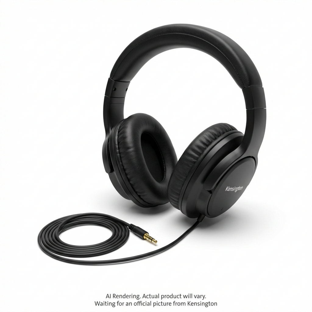 Black Kensington K33137 Hi-Fi over-ear wired headphones with padded headband and 3.5mm jack.