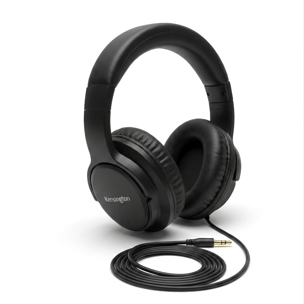 A photorealistic studio product photograph of the Kensington F, Hi-Fi headphones and coiled cable, angled to show the left earcup with the logo, set on a pure white background with a soft shadow.