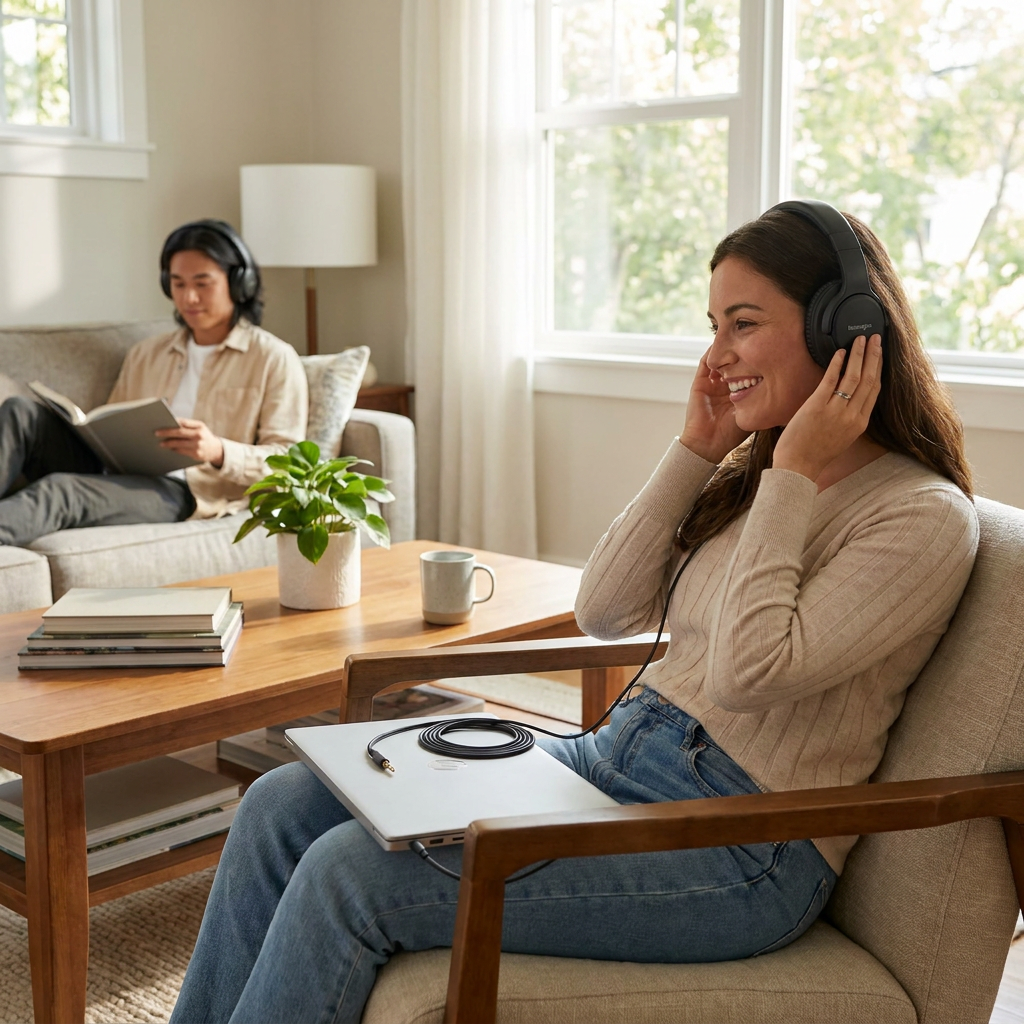 A person smiles while listening to music on Kensington Hi-Fi headphones in a bright living room.