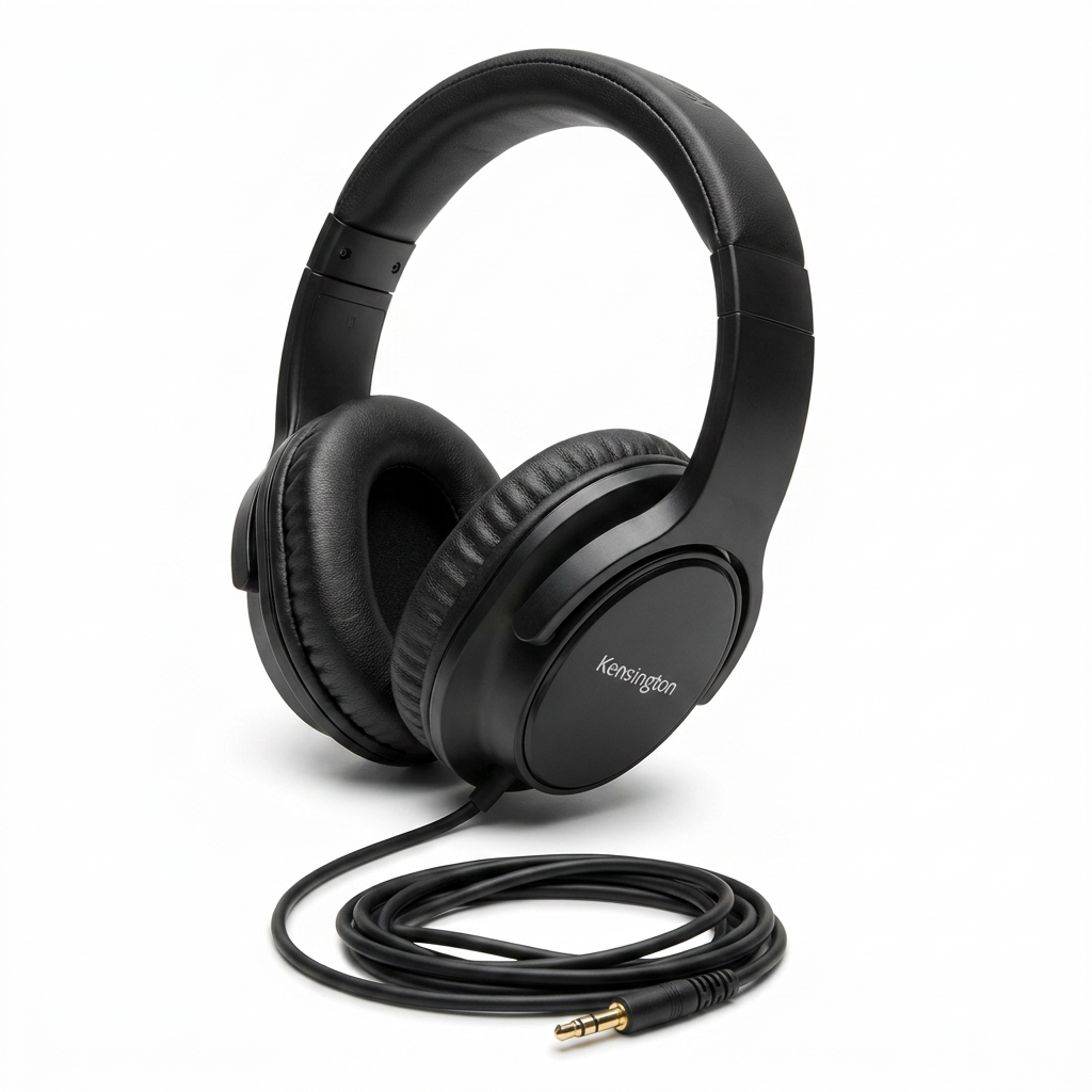 A photorealistic studio photograph of the Kensington Hi-Fi headphones and 9 ft coiled cable against a pure white background, angled to show the right earcup and logo.