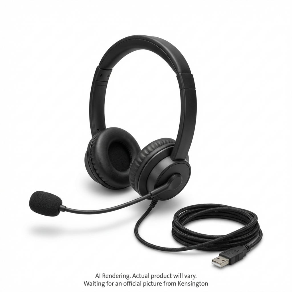 Black Kensington Hi-Fi USB-A Headset with noise-cancelling microphone and braided cord.