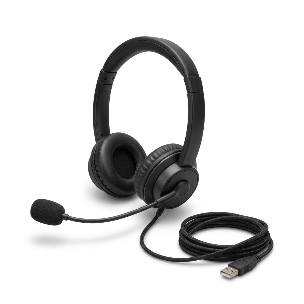 It's a studio product photo of the Kensington F USB headset with a clean white background. The headset, including the earcup with the attached boom microphone and the braided cable, is centered and angled to the right, casting a soft shadow.