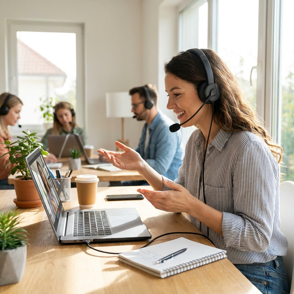 A woman and several colleagues in a sunny, modern office are happily using the Kensington USB headset during a video conference call.