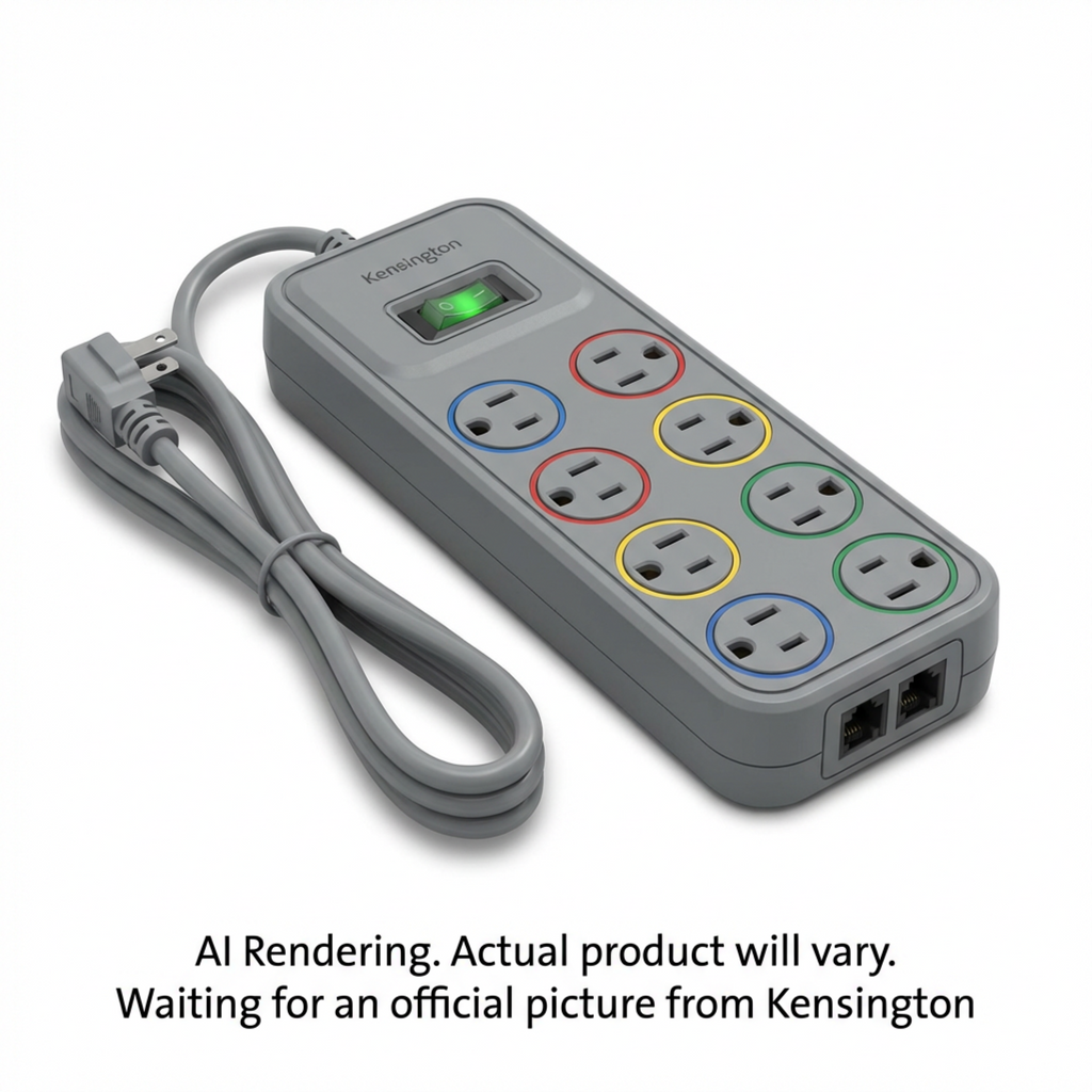 Kensington SmartSockets surge protector with six color-coded outlets and a green illuminated switch.