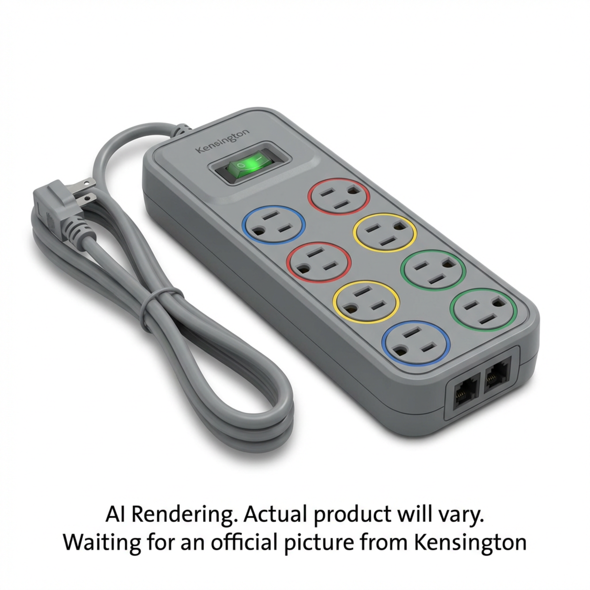 Kensington SmartSockets surge protector with six color-coded outlets and a green illuminated switch.