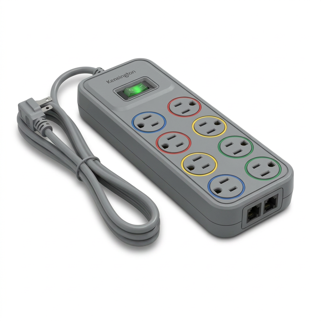 A photorealistic studio photograph of the Kensington K62146NA Smrtsockets Basic Surge protector, shown on a white background. The grey eight-outlet strip with color-coded sockets and a green-lit switch is angled to emphasize its left side and the coiled power cord.
