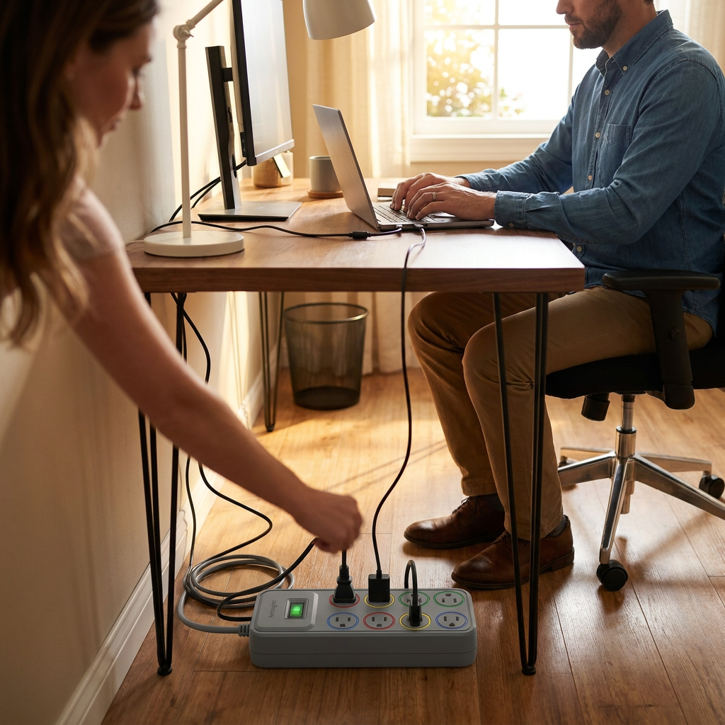 A lifestyle photograph showing a person plugging a cord into the grey Kensington surge protector, which is on a wooden floor in a sunlit home office.