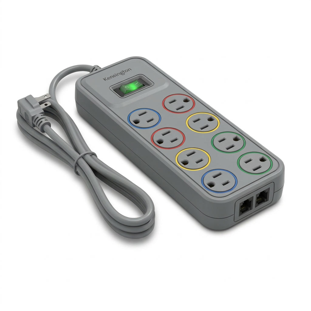 A photorealistic studio product shot of the grey Kensington surge protector (K62146NA), angled right with its power cord and colored outlets against a pure white background with a soft shadow.