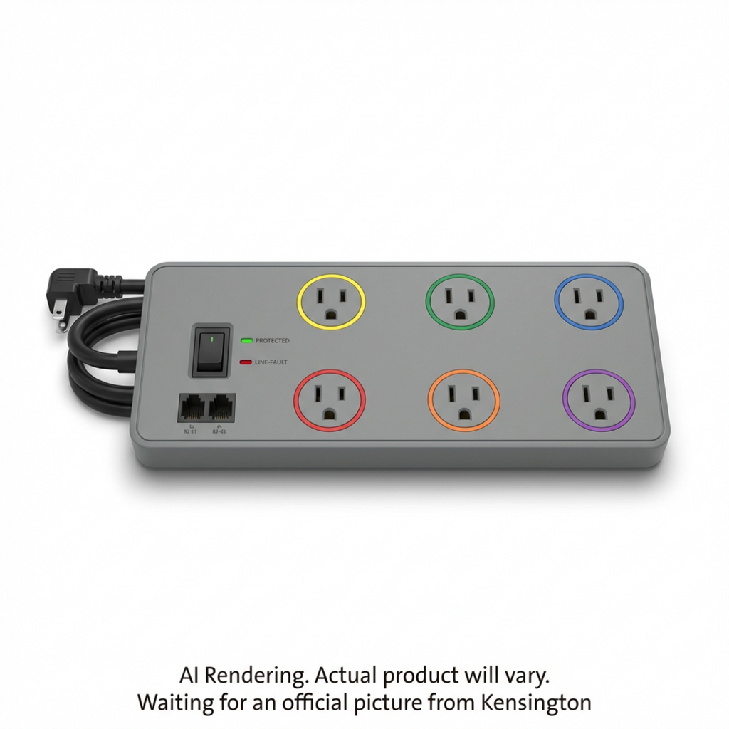 Kensington SmartSockets surge protector with 6 color-coded outlets, power switch, and 8ft cord.