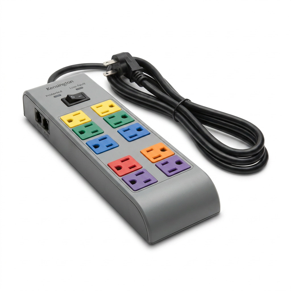 A photorealistic studio product photograph showing the Kensington SmartSockets Premium Surge protector from the left, centered on a pure white background with a natural shadow. The gray unit, color-coded outlets, and black cord are clearly visible.