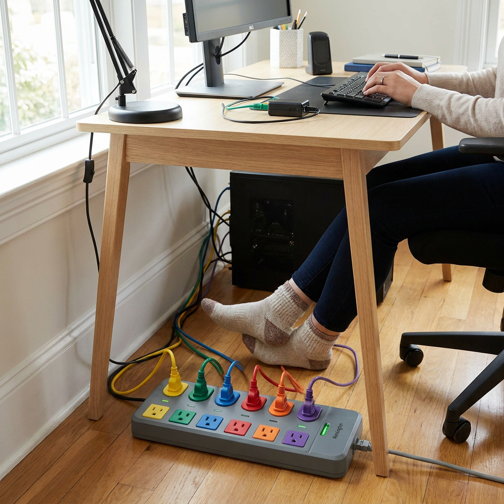 A person uses the Kensington surge protector under their home office desk.