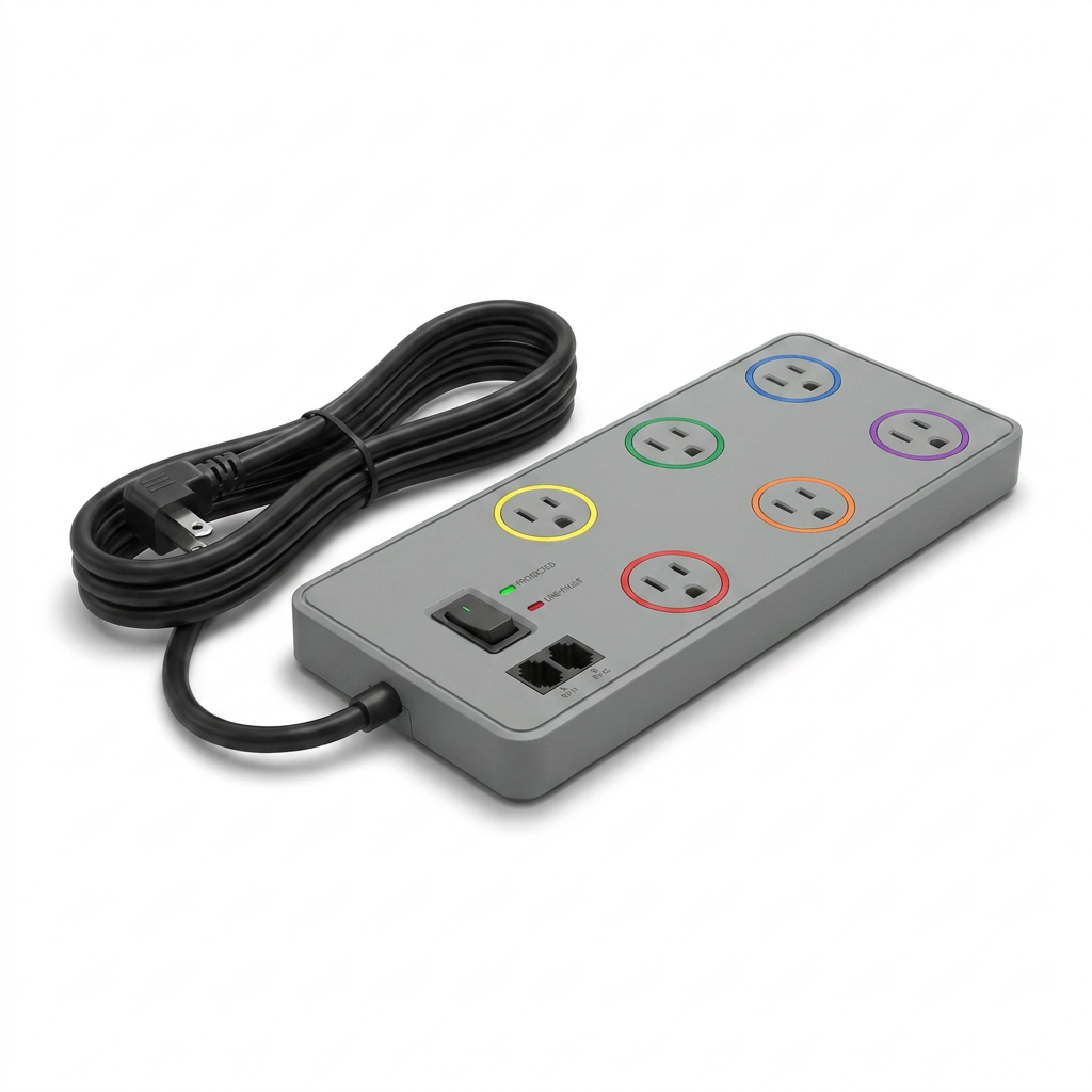 A photorealistic studio product photo of the Kensington SmartSocket angled to the right, showing its grey body, colored outlets, switch, and ports on a pure white background with a soft shadow.