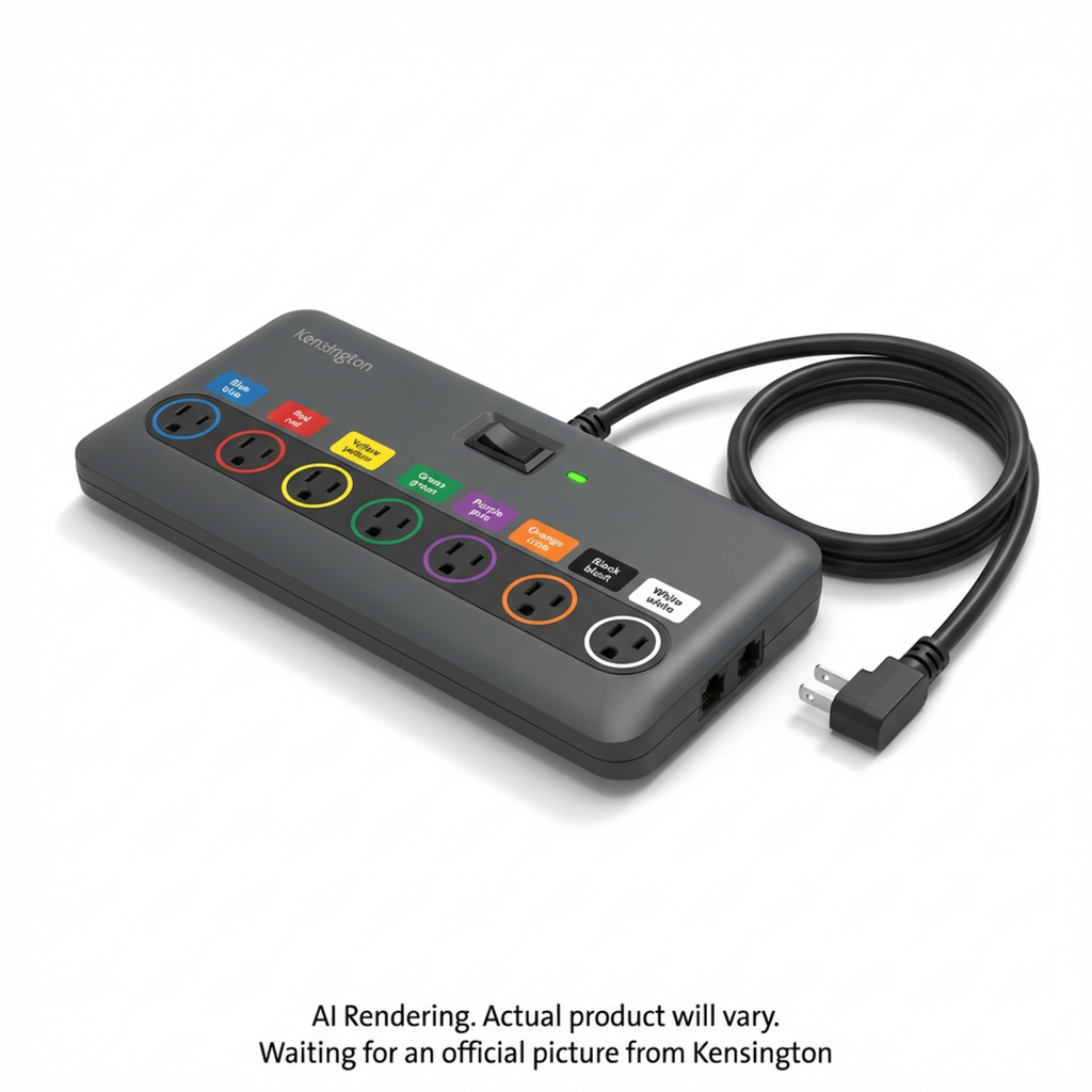 Kensington 8-outlet surge protector in dark gray with color-coded labels and a coiled power cord.