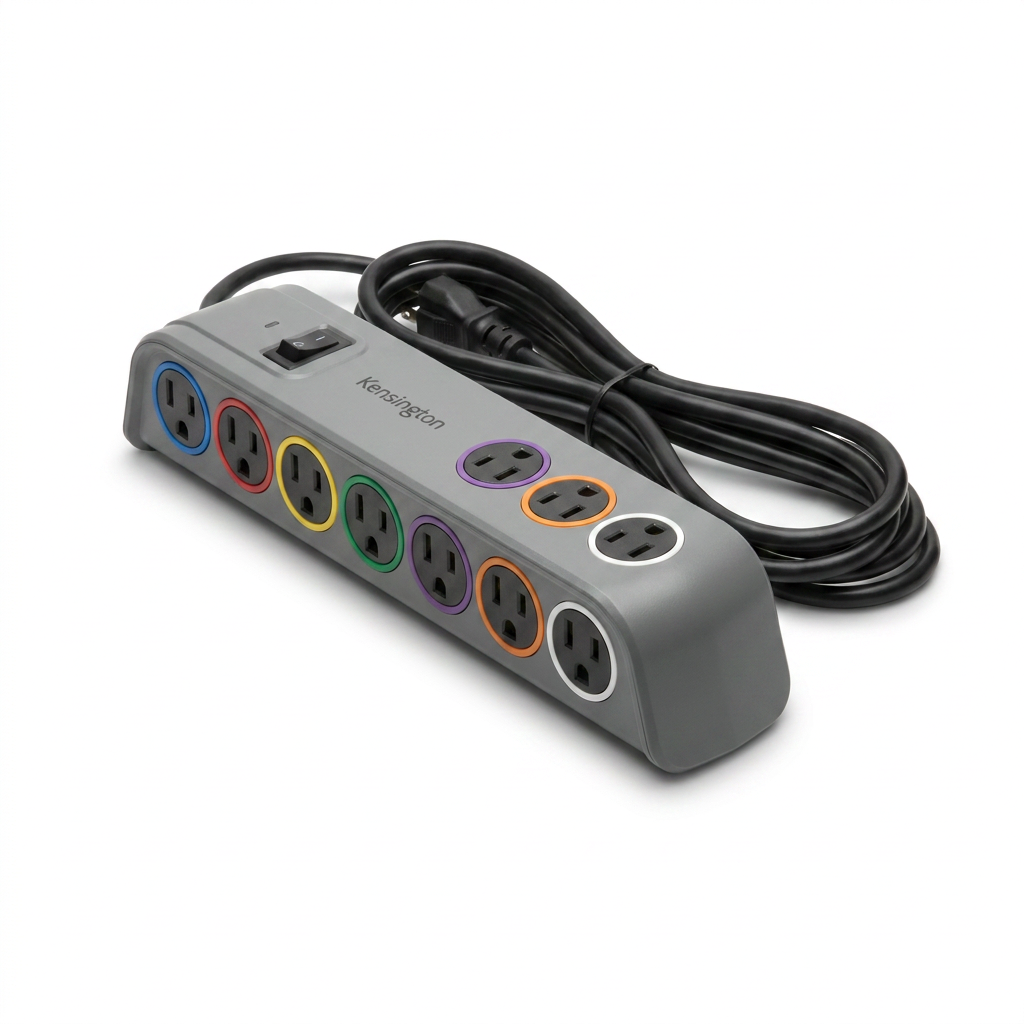 A photorealistic studio photograph of the Kensington 'Smrtsockets' premium adapter, MPN K62691NA. The grey 8-outlet surge protector is angled from the left, showing the colored rings around each outlet and the wrapped black power cord, against a seamless white background.
