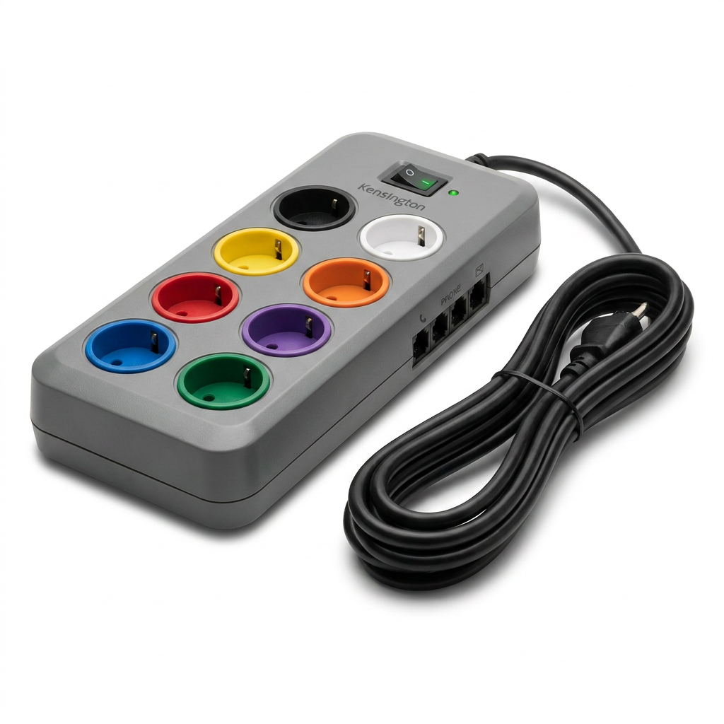 A studio photograph of the Kensington SmartSockets Premium Adapter on a pure white background, angled to show the eight colorful outlets, power switch, and side phone ports. The power cord is coiled on the right.
