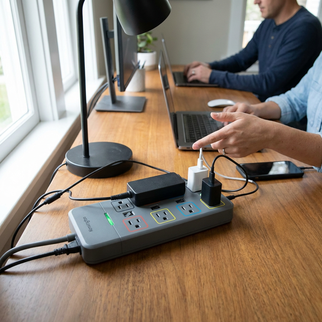 A lifestyle photograph in a home office shows the Kensington 8-outlet SmartSockets Premium Adapter in use on a wooden desk, powering a laptop and other devices.