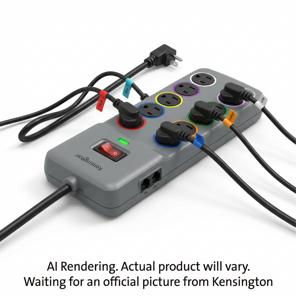 Kensington SmartSockets 8-outlet surge protector with color-coded sockets and matching cord tags.