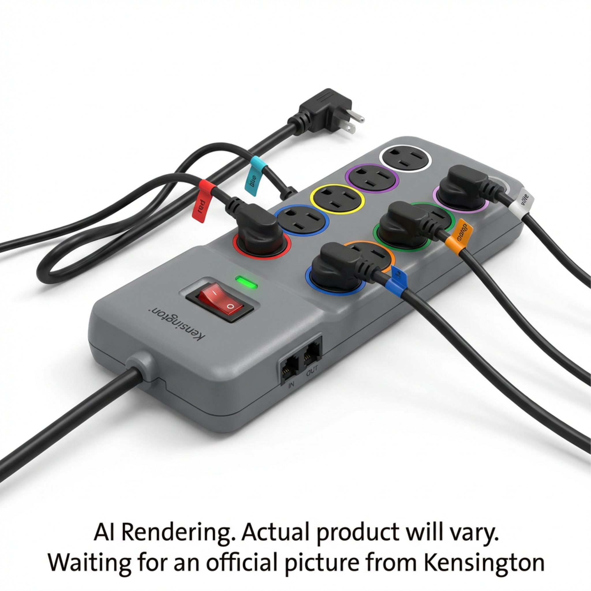 Kensington SmartSockets 8-outlet surge protector with color-coded sockets and matching cord tags.