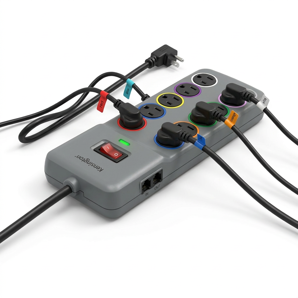 A photorealistic product studio photograph of the grey Kensington 8-outlet surge protector, showing its colored outlets, black power cords, red power switch, and network ports against a pure white background with a soft natural shadow, free of the original text overlay.
