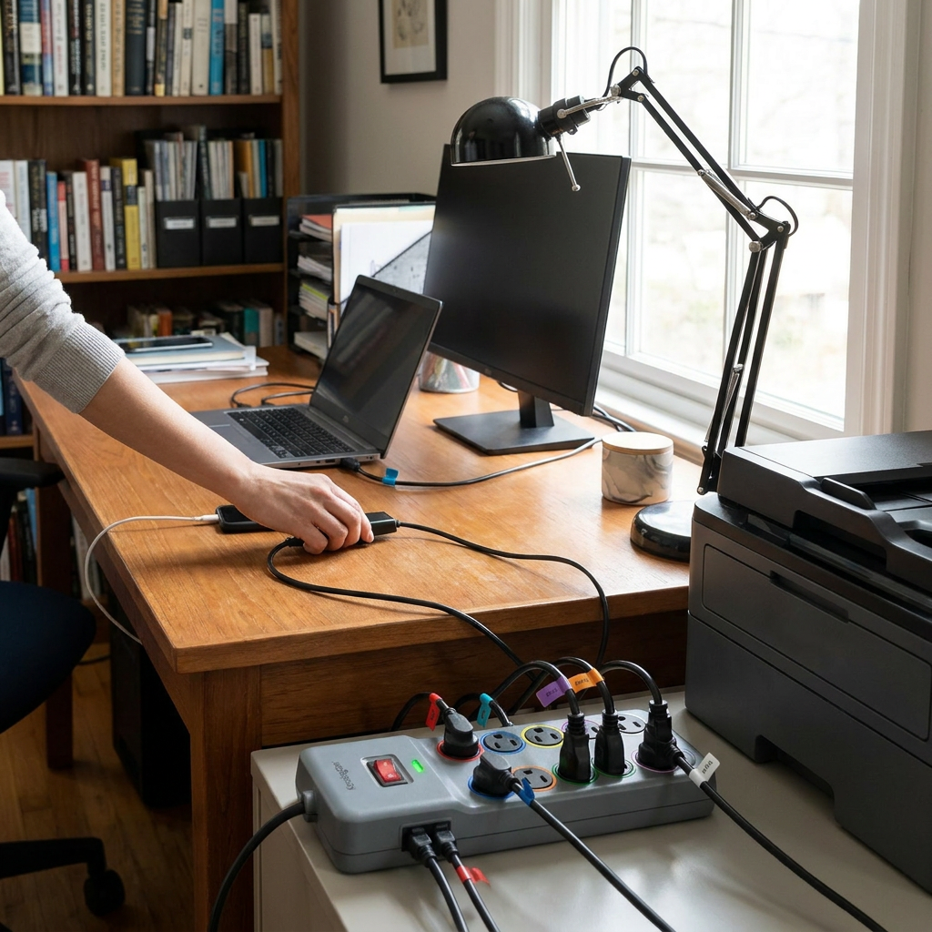 The Kensington SmartSockets power strip is shown being used in a busy home office, powering a laptop, phone, lamp, monitor, and printer on a wooden desk.