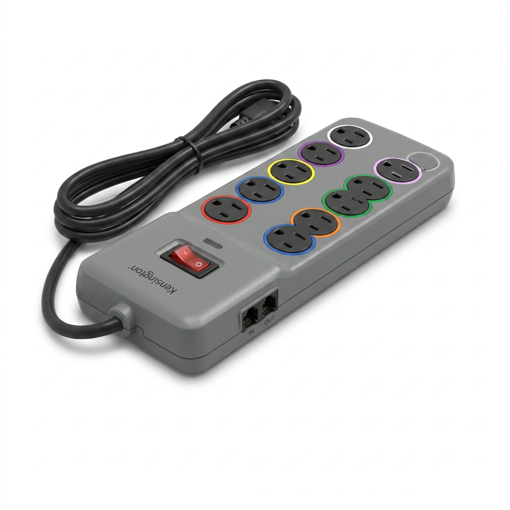 A photorealistic studio-quality product photo of the Kensington SmartSockets Standard Adapter 8 Outlets power strip, angled to the right on a white background.