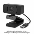 Kensington W1050 1080p black webcam with integrated privacy cover, mountable stand, and USB cable.