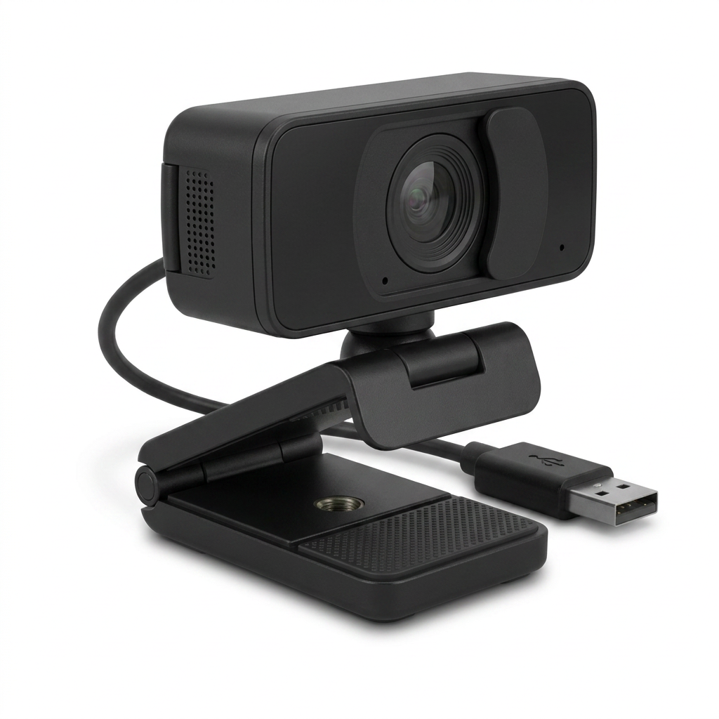 A photorealistic studio photograph of the black Kensington webcam unit and its adjustable stand, angled to show the left side. The product is centered on a pure white background with a soft shadow.