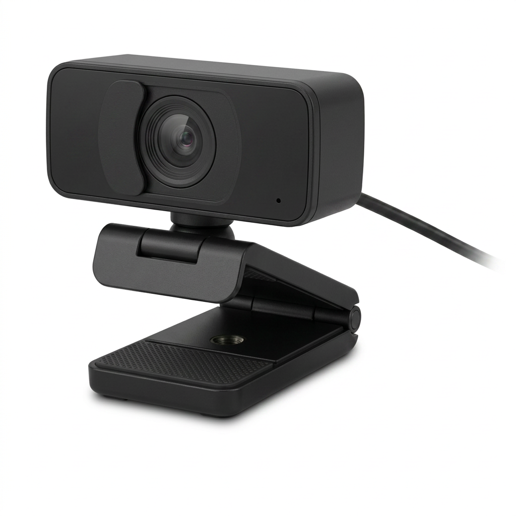 A photorealistic studio photograph of the Kensington F,Webcam Stnd 1080P 65 Deg Fov Retail, angled to show its right side. The black webcam with privacy shutter and attached cable is centered on a pure white background with a soft, natural shadow.