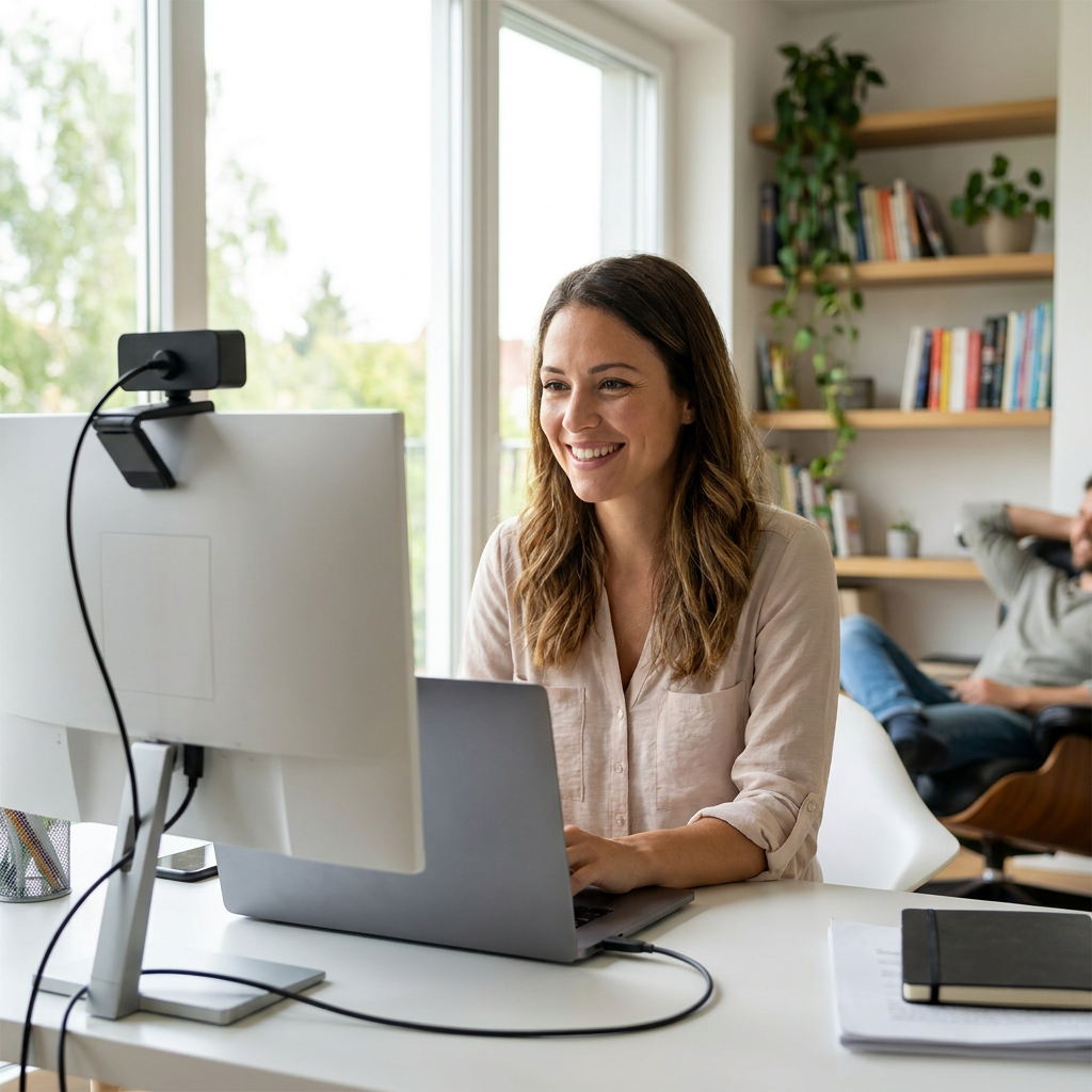 A woman with a smile works in a home office, participating in a video call using a Kensington webcam mounted on her monitor.