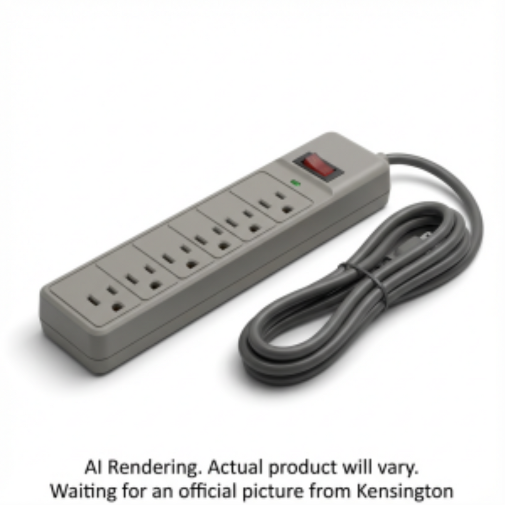 Grey Kensington Guardian 6-outlet surge protector with a red on/off switch and power cord.