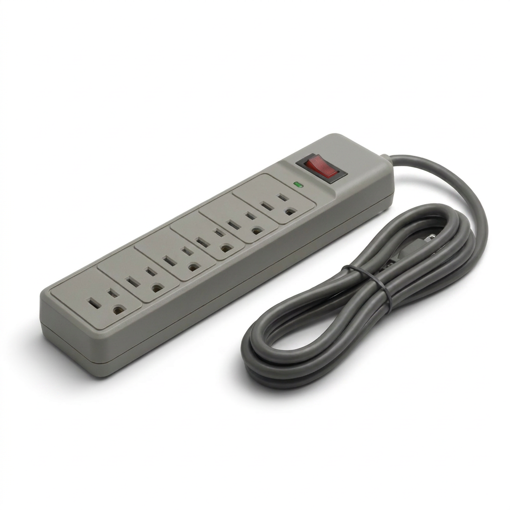 A photorealistic studio photograph of the grey Kensington GUARDIAN 6 BASIC SURGE STRIP with a red switch and coiled cord, angled left on a pure white background with a soft shadow.