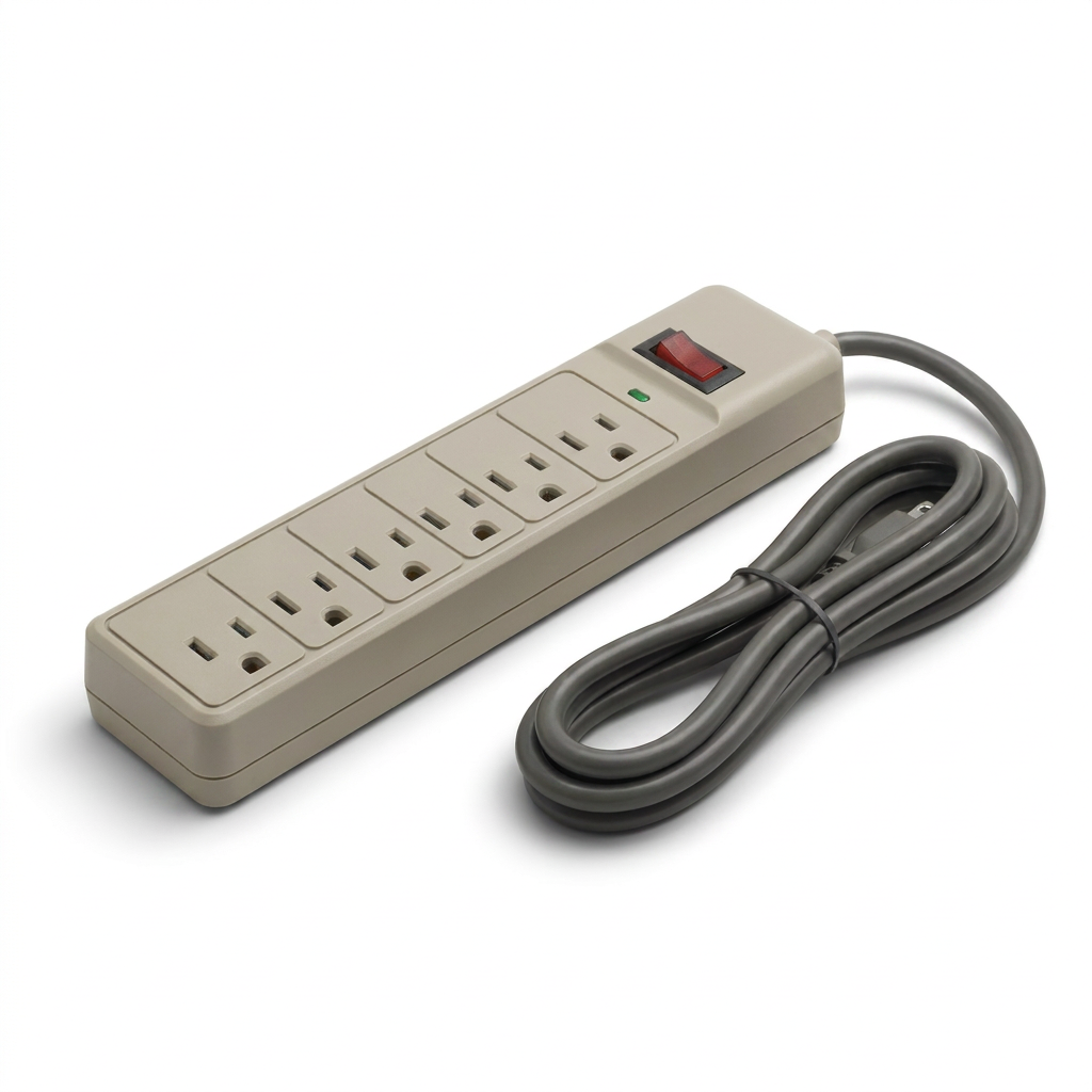 A photorealistic studio product photo of the beige Kensington Guardian 6-model surge strip, angled to the right on a pure white background with a soft shadow.