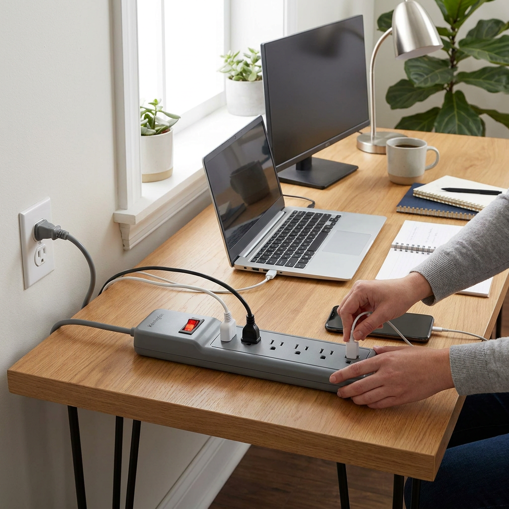 A Kensington Guardian 6 Basic Surge Strip is being used in a bright home office.