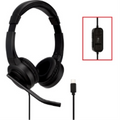 Black Kensington H1000 USB-C headset with boom mic, USB-C connector, and inline volume controls.