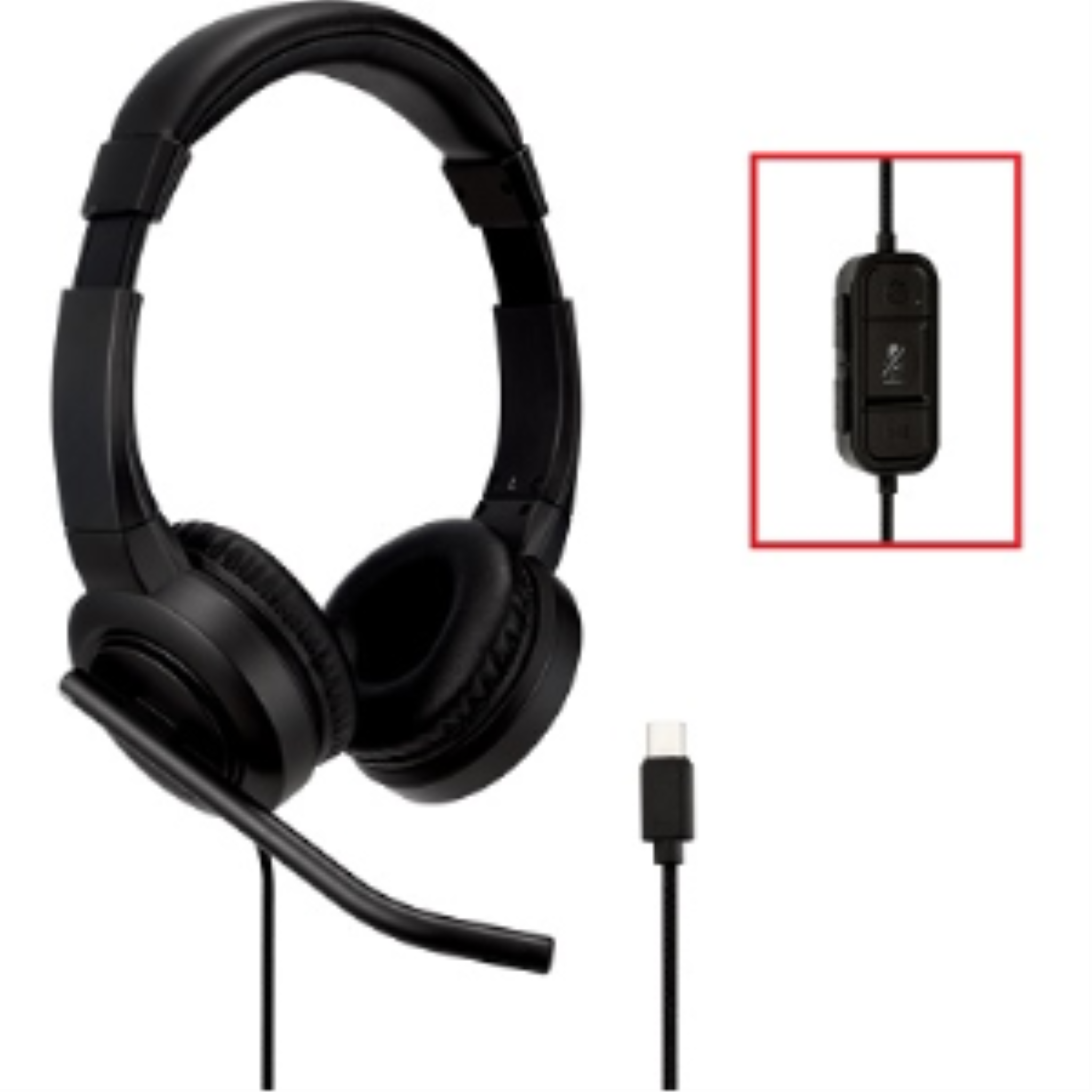 Black Kensington H1000 USB-C headset with boom mic, USB-C connector, and inline volume controls.