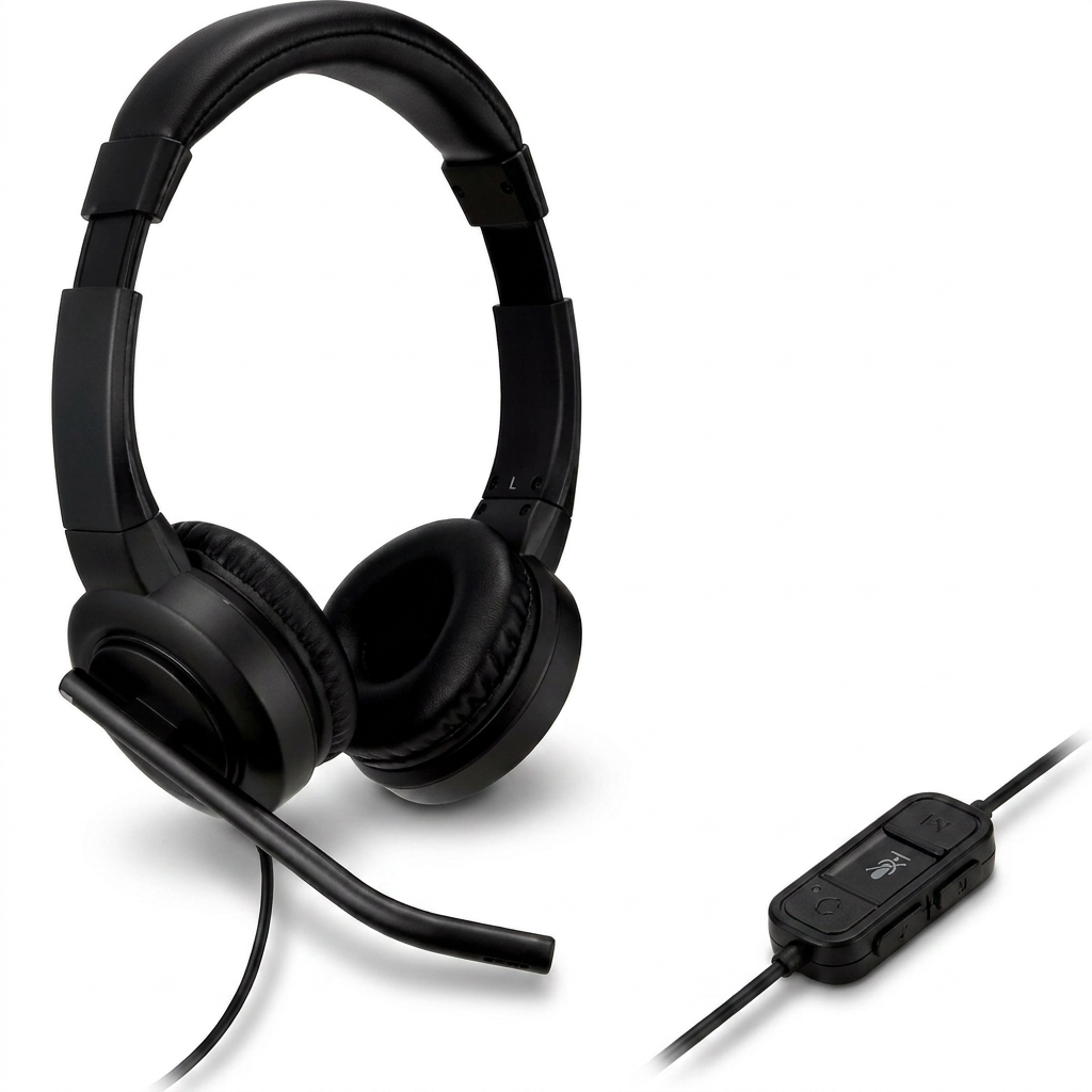 A high-quality studio photograph of the black Kensington H1000 headset and inline controller (K83450WW). The headset is angled to the left, showing the boom mic. It is centered on a pure white background with a soft natural shadow.